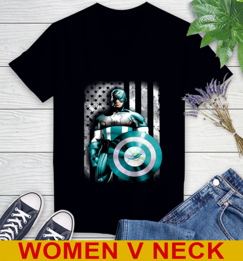 Miami Dolphins NFL Football Captain America Marvel Avengers American Flag Shirt Women's V-Neck T-Shirt