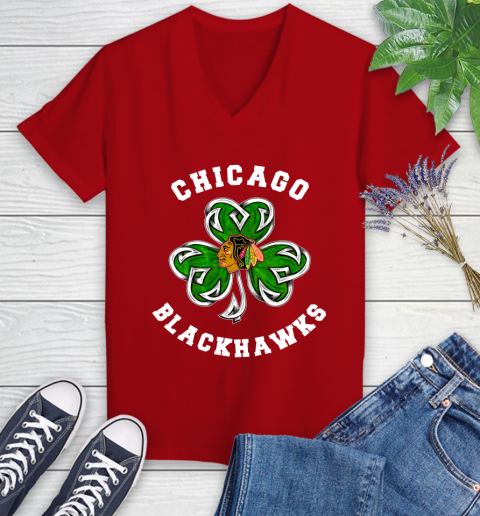 NHL Chicago Blackhawks Three Leaf Clover St Patrick s Day Hockey Sports Women s V Neck T Shirt