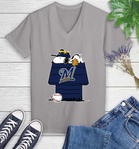 MLB Milwaukee Brewers Snoopy Woodstock The Peanuts Movie Baseball T Shirt Women's V-Neck T-Shirt 4