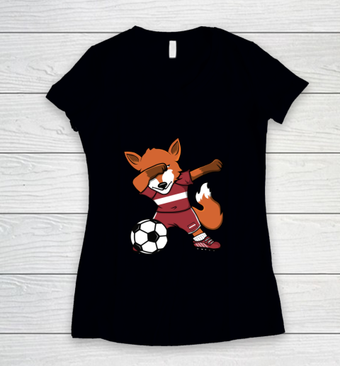 Dabbing Fox Latvia Soccer Fans Jersey Latvian Football Lover Women's V-Neck T-Shirt