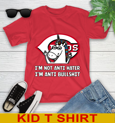 Cincinnati Reds MLB Baseball Unicorn I'm Not Anti Hater I'm Anti Bullshit Youth T-Shirt 10