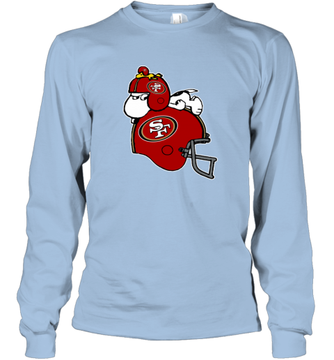 tr6s snoopy and woodstock resting on san francisco 49ers helmet long sleeve tee 14 front light blue