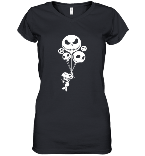 Snoopy Flying Up With Jack Skellington Balloons Women's V-Neck T-Shirt