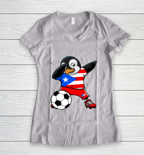 Dabbing Penguin Puerto Rico Soccer Fan Jersey Football Lover Women's V-Neck T-Shirt