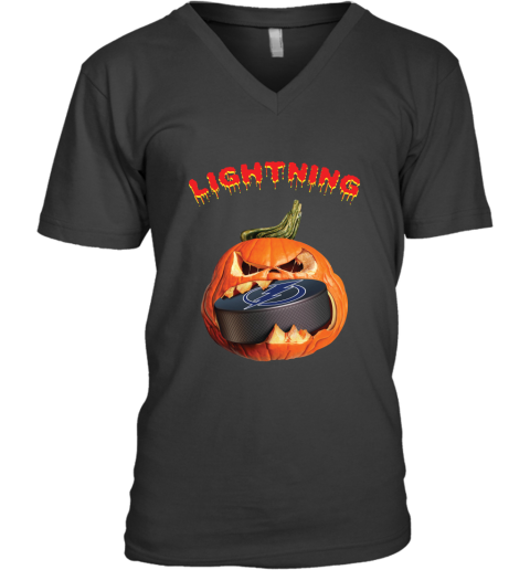 NHL Tampa Bay Lightning Halloween Pumpkin Hockey Sports WE4NGXu5moP v neck unisex 8 95 151514 front black
