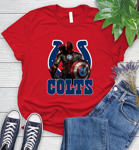 NFL Captain America Thor Spider Man Hawkeye Avengers Endgame Football Indianapolis Colts Women's T-Shirt 9