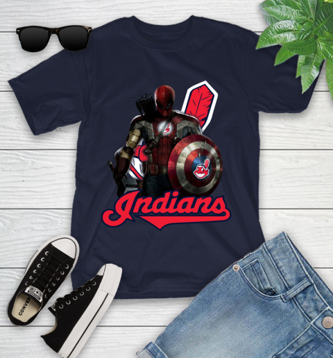 MLB Captain America Thor Spider Man Hawkeye Avengers Endgame Baseball Cleveland Indians Youth T-Shirt 3