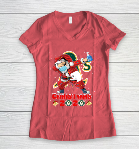 Oakland Athletics Funny Santa Claus Dabbing Christmas 2020 MLB Women's V-Neck T-Shirt 4