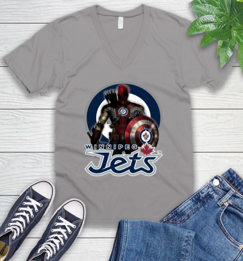 NHL Captain America Thor Spider Man Hawkeye Avengers Endgame Hockey Winnipeg Jets V-Neck T-Shirt 4