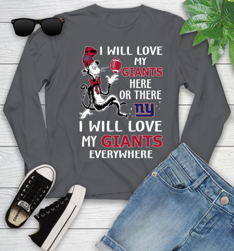 NFL Football New York Giants I Will Love My Giants Everywhere Dr Seuss Shirt Youth Long Sleeve 8