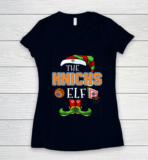 New York Knicks Christmas ELF Funny NBA Women's V-Neck T-Shirt 2