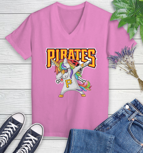 Pittsburgh Pirates MLB Baseball Funny Unicorn Dabbing Sports Women's V-Neck T-Shirt 14