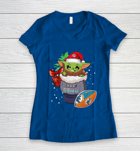 Miami Dolphins Christmas Baby Yoda Star Wars Funny Happy NFL Women's V-Neck T-Shirt 9