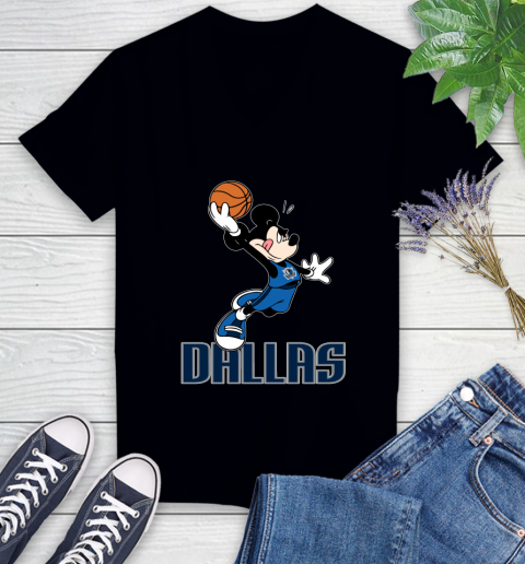 NBA Basketball Dallas Mavericks Cheerful Mickey Mouse Shirt Women's V-Neck T-Shirt