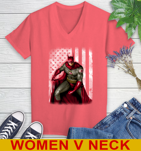Cincinnati Reds MLB Baseball Batman DC American Flag Shirt Women s V Neck T Shirt