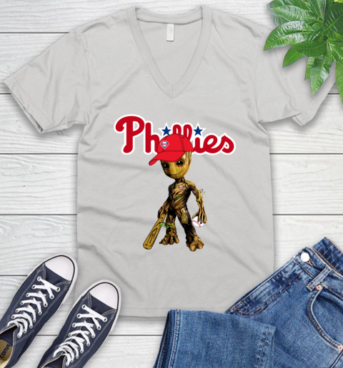 MLB Philadelphia Phillies Groot Guardians Of The Galaxy Baseball V-Neck T-Shirt