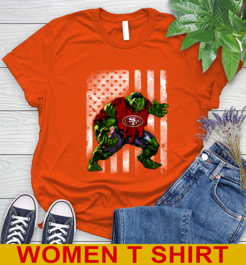 San Francisco 49ers Hulk Marvel Avengers NFL Football American Flag Women's T-Shirt 3