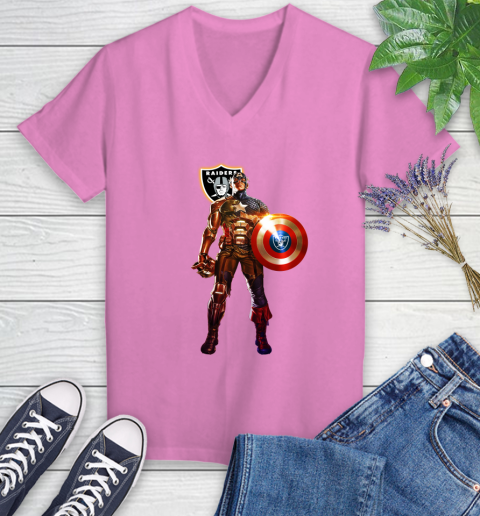 NFL Captain America Marvel Avengers Endgame Football Sports Oakland Raiders Women's V-Neck T-Shirt 14