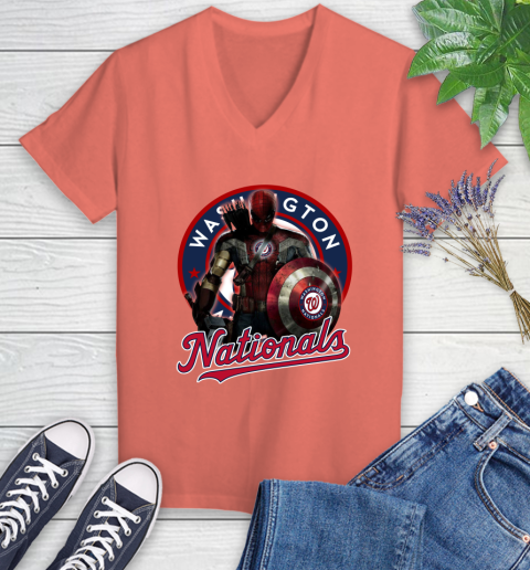 MLB Captain America Thor Spider Man Hawkeye Avengers Endgame Baseball Washington Nationals Women's V-Neck T-Shirt 6
