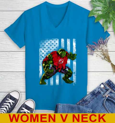 New Jersey Devils Hulk Marvel Avengers NHL Hockey American Flag Women's V-Neck T-Shirt 7