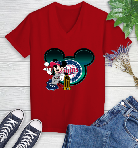 MLB Minnesota Twins The Commissioner's Trophy Mickey Mouse Disney Women's V-Neck T-Shirt 12