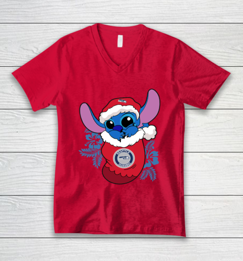 Seattle Seahawks Christmas Stitch In The Sock Funny Disney NFL V-Neck T-Shirt 7