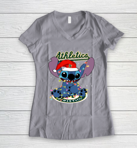 Oakland Athletics MLB noel stitch Baseball Christmas Women's V-Neck T-Shirt 2