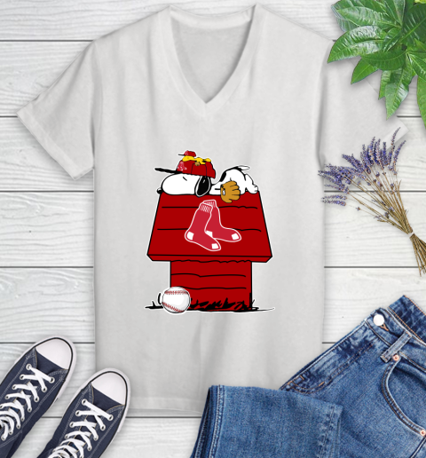 MLB Boston Red Sox Snoopy Woodstock The Peanuts Movie Baseball T Shirt Women's V-Neck T-Shirt