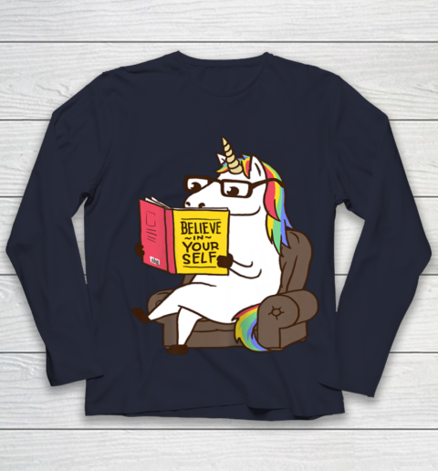 Unicorn Shirt Believe in Yourself Motivational Book Lover Youth Long Sleeve 3