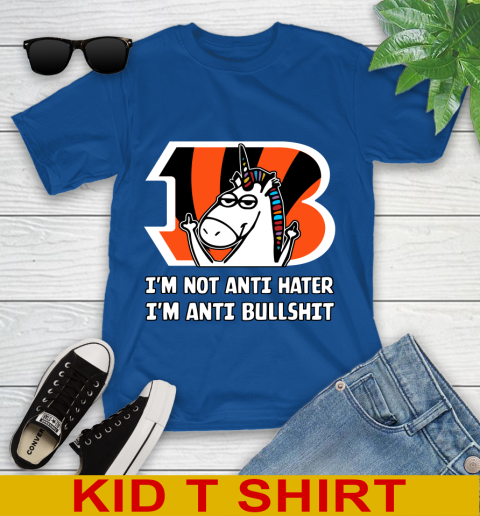 Cincinnati Bengals NFL Football Unicorn I'm Not Anti Hater I'm Anti Bullshit Youth T-Shirt 9