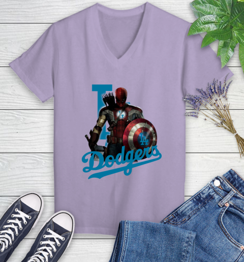 MLB Captain America Thor Spider Man Hawkeye Avengers Endgame Baseball Los Angeles Dodgers Women's V-Neck T-Shirt 14