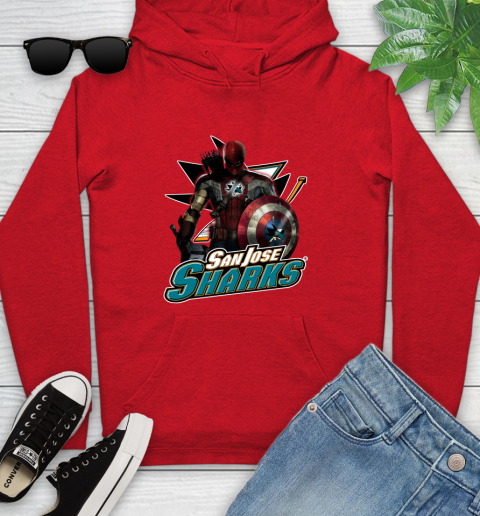 NHL Captain America Thor Spider Man Hawkeye Avengers Endgame Hockey San Jose Sharks Youth Hoodie 11