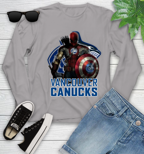 NHL Captain America Thor Spider Man Hawkeye Avengers Endgame Hockey Vancouver Canucks Youth Long Sleeve 5
