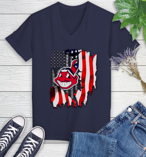 Cleveland Indians MLB Baseball American Flag Women's V-Neck T-Shirt 12