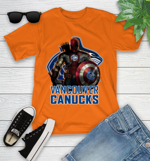 NHL Captain America Thor Spider Man Hawkeye Avengers Endgame Hockey Vancouver Canucks Youth T-Shirt 7