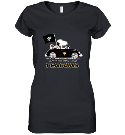 Snoopy And Woodstock Ride The Pittsburg Peguins Car NHL Women's V-Neck T-Shirt