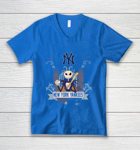 MLB New York Yankees Baseball Jack Skellington Halloween V-Neck T-Shirt 5