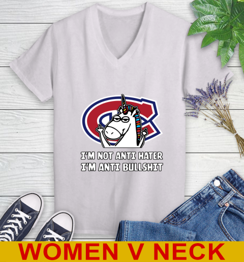 Montreal Canadiens NHL Hockey Unicorn I'm Not Anti Hater I'm Anti Bullshit Women's V-Neck T-Shirt