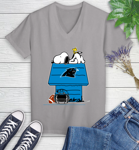 Carolina Panthers NFL Football Snoopy Woodstock The Peanuts Movie Women's V-Neck T-Shirt 4