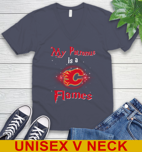 NHL Hockey Harry Potter My Patronus Is A Calgary Flames V-Neck T-Shirt 7