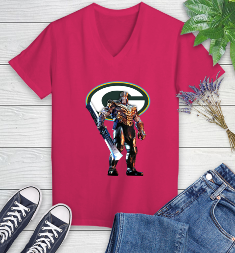 NFL Thanos Gauntlet Avengers Endgame Football Green Bay Packers Women's V-Neck T-Shirt 9