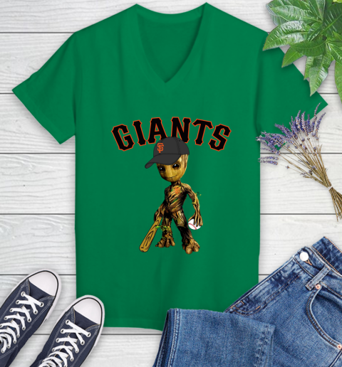MLB San Francisco Giants Groot Guardians Of The Galaxy Baseball Women's V-Neck T-Shirt 5