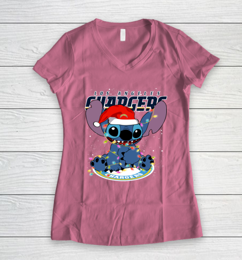 Los Angeles Chargers NFL Football noel stitch Christmas Women's V-Neck T-Shirt 7