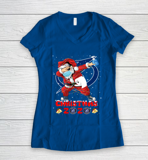 Tampa Bay Lightning Funny Santa Claus Dabbing Christmas 2020 NHL Women's V-Neck T-Shirt 7