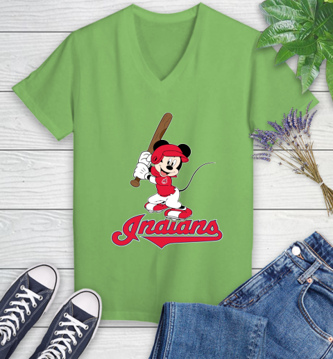 MLB Baseball Cleveland Indians Cheerful Mickey Mouse Shirt Women's V-Neck T-Shirt 9