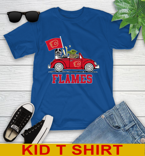 NHL Hockey Calgary Flames Darth Vader Baby Yoda Driving Star Wars Shirt Youth T-Shirt 9