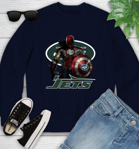 NFL Captain America Thor Spider Man Hawkeye Avengers Endgame Football New York Jets Youth Sweatshirt 3