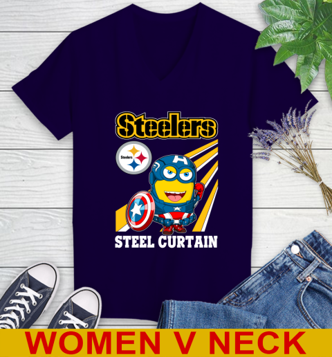 NFL Football Pittsburgh Steelers Captain America Marvel Avengers Minion Shirt Women's V-Neck T-Shirt 3