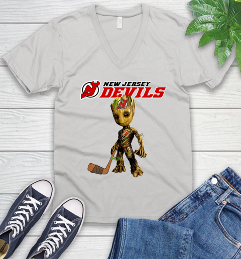 New Jersey Devils NHL Hockey Groot Marvel Guardians Of The Galaxy V-Neck T-Shirt