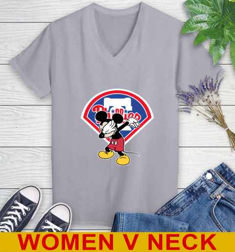 Philadelphia Phillies MLB Baseball Dabbing Mickey Disney Sports Women's V-Neck T-Shirt 5